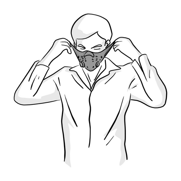 白い背景で隔離の黒い線で描かれたマスク ベクター イラスト スケッチ落書き手を着た男 - ベクター画像