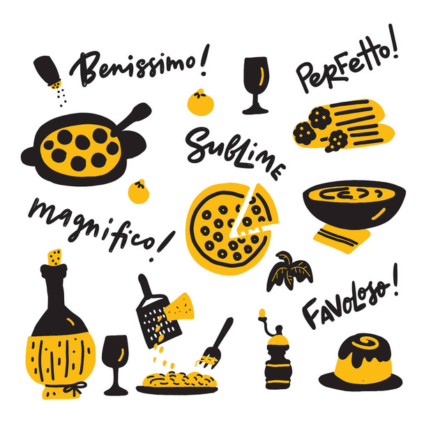 Doodle illustration of italian food and expressions of delight about tasty food. Vector design. - Vektor, kép