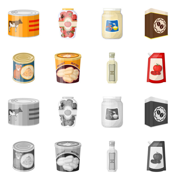 Geïsoleerde object van kan en voedsel teken. Collectie van kan en pakket voorraad vectorillustratie. - Vector, afbeelding