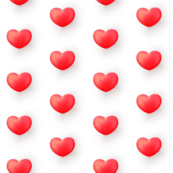 Valentines Day seamless pattern with realistic red hearts isolated on white. Valentines Day background for festive decor, wrapping paper, print, textile, fabric, wallpaper. - Vector, Image