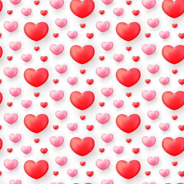 Valentinstag nahtlose Muster mit realistischen roten und rosa Herzen isoliert auf weiß. Valentinstag Hintergrund für festliches Dekor, Geschenkpapier, Druck, Textil, Stoff, Tapete. - Vektor, Bild