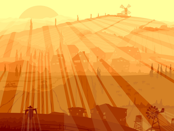Abstract illustration of village in sunset rays. - Vector, Image