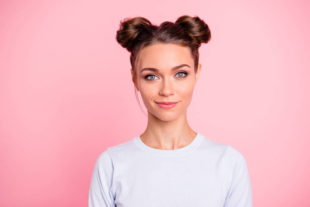 Close-up portrait of her she nice attractive cute adorable winsome delicate cheery calm girl with buns isolated over pink pastel background - Foto, Imagem
