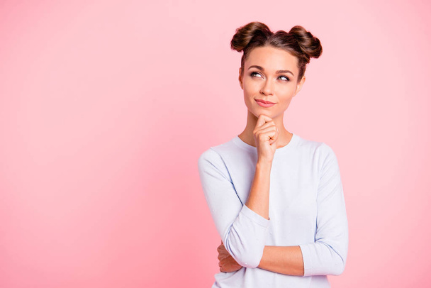 Portrait of nice-looking cute fascinating attractive winsome lovely sweet pensive girl creating idea copy space isolated over pink pastel background - Foto, Imagen