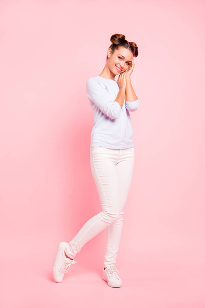 Vertical full length body size view portrait of nice cute sweet winsome adorable attractive slim fit thin cheerful girl touching soft skin face isolated over pink pastel background - Foto, immagini