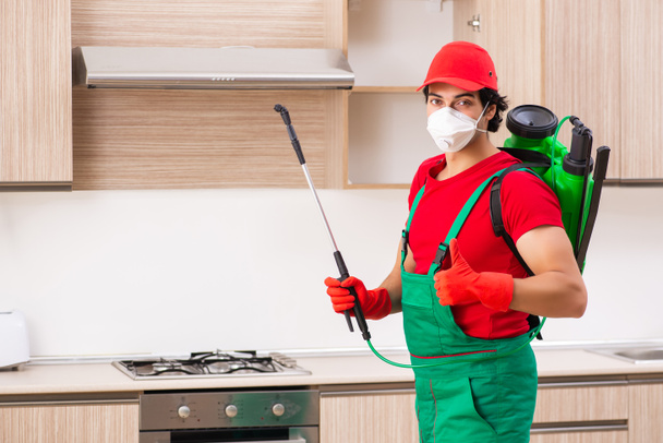 Professioneller Bauunternehmer erledigt Schädlingsbekämpfung in der Küche - Foto, Bild