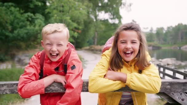 Brother and sister leaning on a wooden fence in the countryside laughing - Imágenes, Vídeo