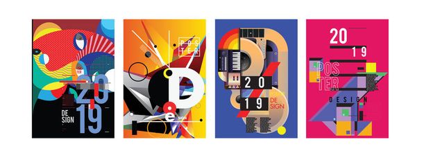 2019-új poszter és fedelet Design sablon magazin. Trendi vektor tipográfia és színes illusztráció kollázs a fedelét, és a Lap elrendezése tervezősablon - Vektor, kép