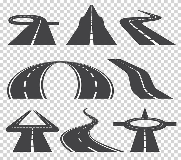 Vinutí zakřivené cesty nebo silnice s odznaky. Směr dopravy sada. Vektorové ilustrace - Vektor, obrázek