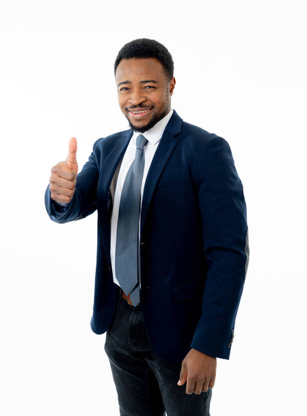 Half-length portrait of confident handsome african american businessman in fashion modern formal wear suit showing happy thumb up gesture. Isolated in white. Concept of People leadership and success. - Photo, Image