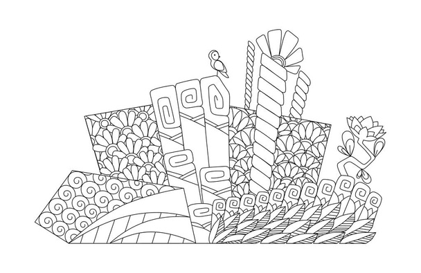 Vektor Doodle Blumenbeet. Blumenmalbuch für Erwachsene. Sommerblumen. abstrakte Gestaltungselemente mit Blumen, Gras und Vogel. - Vektor, Bild