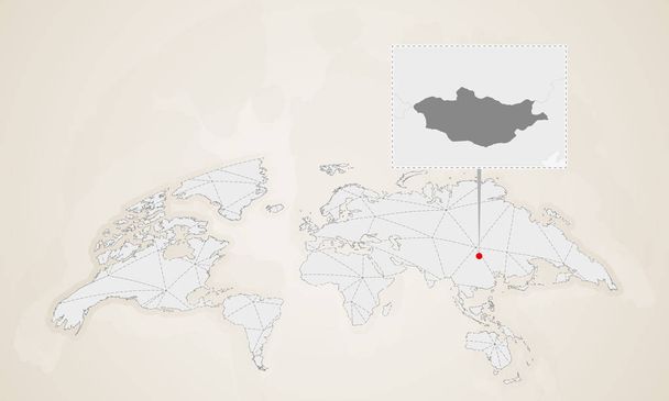 Térkép Mongólia szomszéd országokkal beszorult a világtérképen. Absztrakt háromszögek világ Térkép. - Vektor, kép