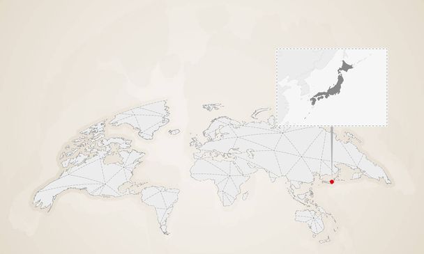 Χάρτη της Ιαπωνίας με τις χώρες της γειτονικής καρφώθηκε στον παγκόσμιο χάρτη. Αφηρημένη τρίγωνα Παγκόσμιος Χάρτης. - Διάνυσμα, εικόνα