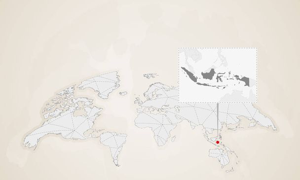Endonezya haritası komşu ülkeleri ile dünya haritası üzerinde sabitlenmiş. Soyut üçgenler Dünya Haritası. - Vektör, Görsel