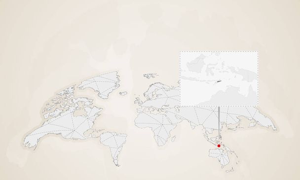 Χάρτης Ανατολικού Τιμόρ με γείτονες χώρες καρφώθηκε στον παγκόσμιο χάρτη. Αφηρημένη τρίγωνα Παγκόσμιος Χάρτης. - Διάνυσμα, εικόνα