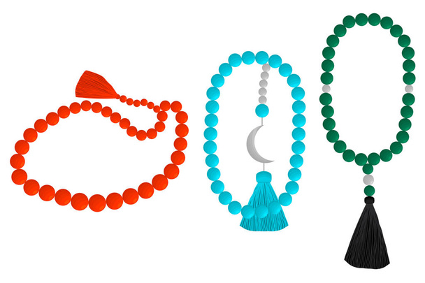 Illustration on theme big colored set different types of beads for rosary with tassel. Bead pattern consisting of collection accessory beautiful rosary in tassels. Beads is symbol rosary off tassel. - Vector, Image