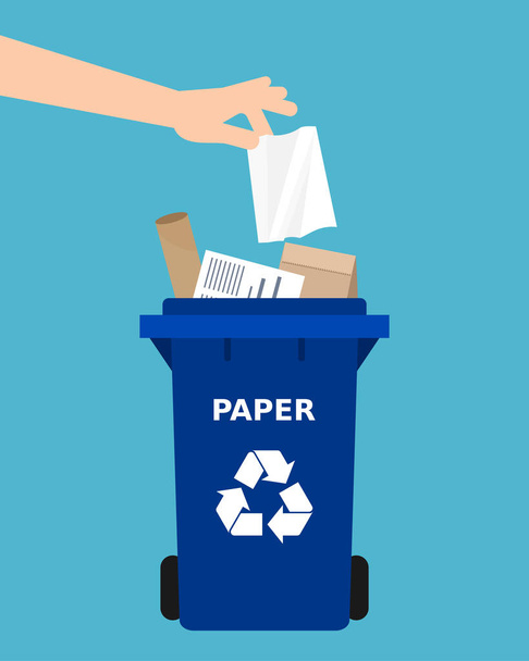 Hand een papier gooien in een prullenbak. Papier recycling, segregate afval sorteren van vuilnis, eco vriendelijke, concept. Blauwe achtergrond. Vectorillustratie, vlakke stijl. - Vector, afbeelding