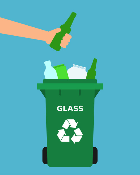 Mano lanzando botella de vidrio verde en una papelera de reciclaje. El vidrio recicla, segrega los residuos, clasifica la basura, respetuoso del medio ambiente, concepto. Fondo azul. Ilustración vectorial, estilo plano
. - Vector, Imagen