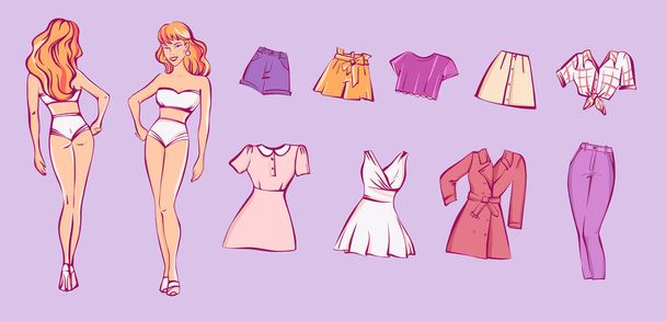 Papier pop met verschillende jurken, vectorillustratie - Vector, afbeelding