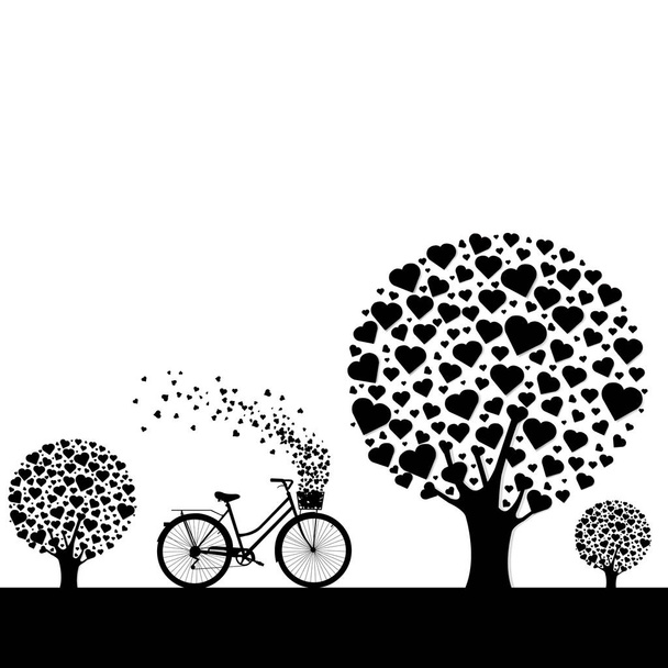 Μαύρο ξύλο με καρδιές με ποδήλατο, διανυσματική απεικόνιση - Διάνυσμα, εικόνα