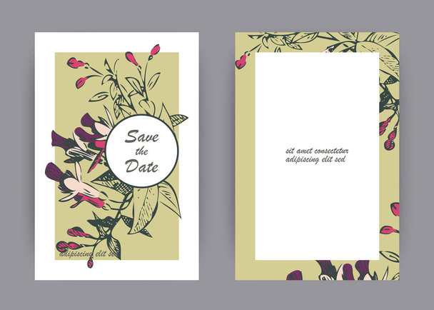 Növénytani esküvői meghívó kártya sablon design, kézzel rajzolt lila virágok és levelek, pasztell színű vintage szögletes kerettel, a zöld háttér, minimalista vintage stílusú vektoros illusztráció vidékfejlesztési - Vektor, kép
