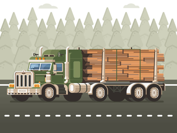 Logging Truck With Timber Wood Harvesting Concept - Vector, Image