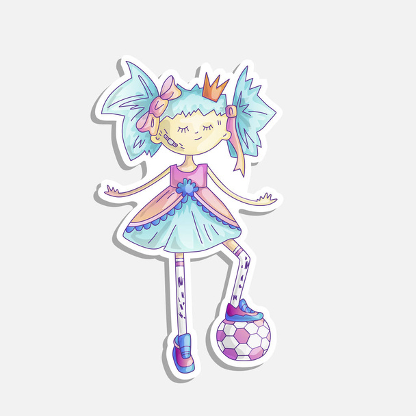 Vector cartoon princess illustration. Sassy girl princess with soccer ball and in cute fairy tail dress and crown. Cute princess sticker, feminism concept. Strong brave princess with soccer ball. - Vecteur, image
