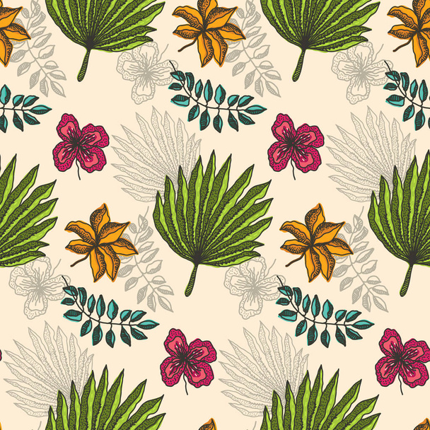 Bright pattern with color tropical leaves on beige - Вектор,изображение