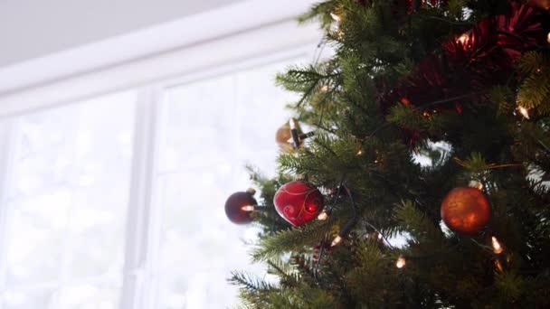 Downwards tilt shot from the top of a decorated Christmas tree in front of a window - 映像、動画
