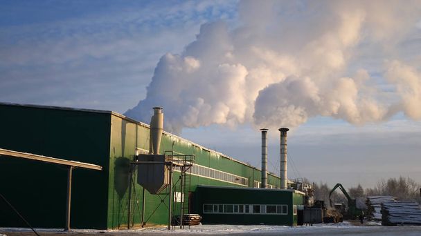 Planta de procesamiento de madera con humo sobre fondo azul cielo. Industria maderera
 - Foto, Imagen