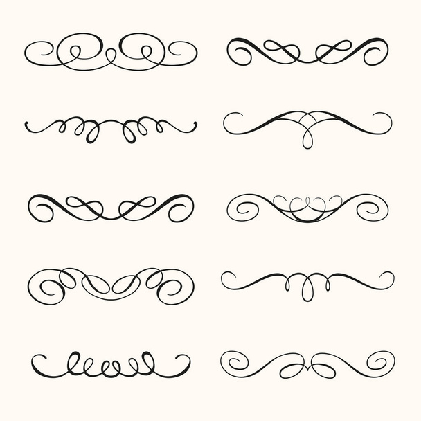 Kalligráfiai tervezési elemek és oldaldekorációk vektorkészlete. Elegáns gyűjteménye kézzel húzott örvények és fürtök a design - Vektor, kép
