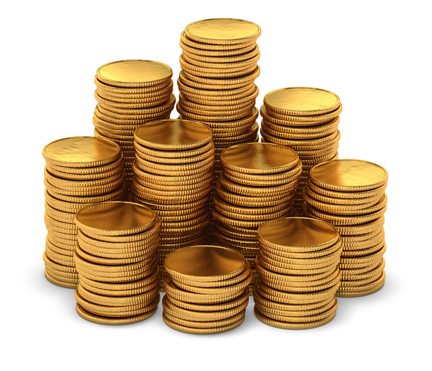 Gran grupo de monedas de oro vacías en blanco
 - Foto, Imagen