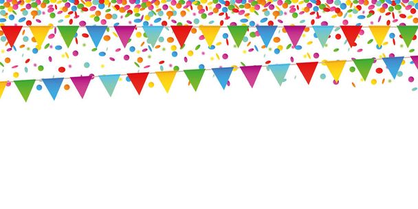 красочные конфетти дождь и флаги вечеринки на белом фоне
 - Вектор,изображение