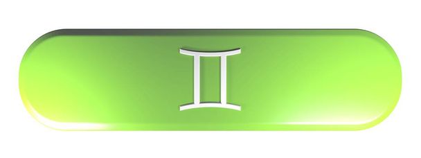 Pulsador de rectángulo redondeado verde con el icono del signo zodiacal GEMINI, aislado sobre fondo blanco - Ilustración de representación 3D
 - Foto, Imagen