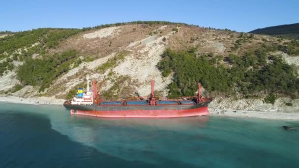 Aerial for an empty industrial ship moored near sea shore with many people walking on a beach. Maritime cargo vessel standing near green trees slope in a summer sunny day. - Footage, Video