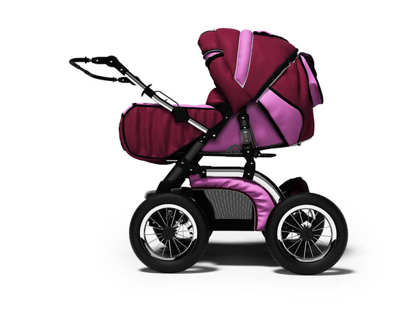 Walking new pink stroller for baby side view 3d render on white background with shadow - Foto, Imagem