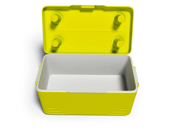 Keltainen avoin kannettava jääkaappi juomia rannalla 3d tehdä valkoisella pohjalla varjossa
 - Valokuva, kuva
