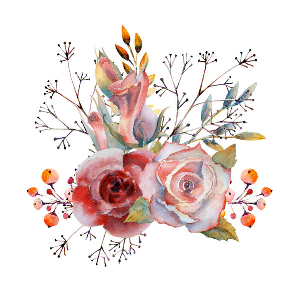 花の枝を設定します。ピンクのバラの花が、緑の葉、赤い。花の結婚式のコンセプト。花のポスター、招待状。グリーティング カードや招待状のデザインの水彩画の手配。1 ブーケ - 写真・画像