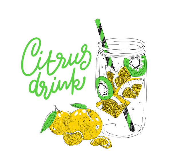 手描きの背景夏氷 cittrus とドリンク。レモンとミントの香り。水をデトックスします。線形の図です。ベクトル図 - ベクター画像