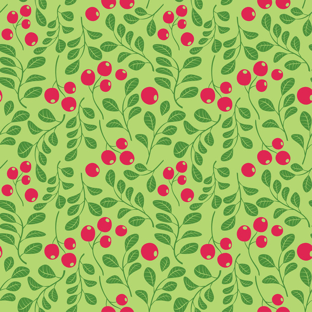 ярко-зеленый бесшовный узор с красными ягодами - векторный декоративный фон
 - Вектор,изображение