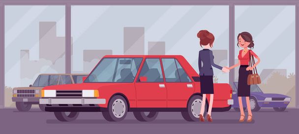 Αντιπροσωπεία αυτοκινήτων θηλυκό πωλεί ένα νέο κόκκινο όχημα σε γυναίκα - Διάνυσμα, εικόνα