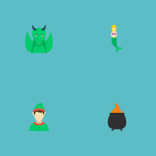 Yangın, deniz kızı, gnome ve diğer simgeler web mobil app logo tasarımı için karikatür simgeleri düz stil sembollerle kümesi. - Fotoğraf, Görsel