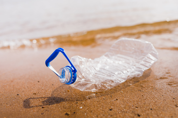 hukkaan heitetty muovipullo rannalla
 - Valokuva, kuva