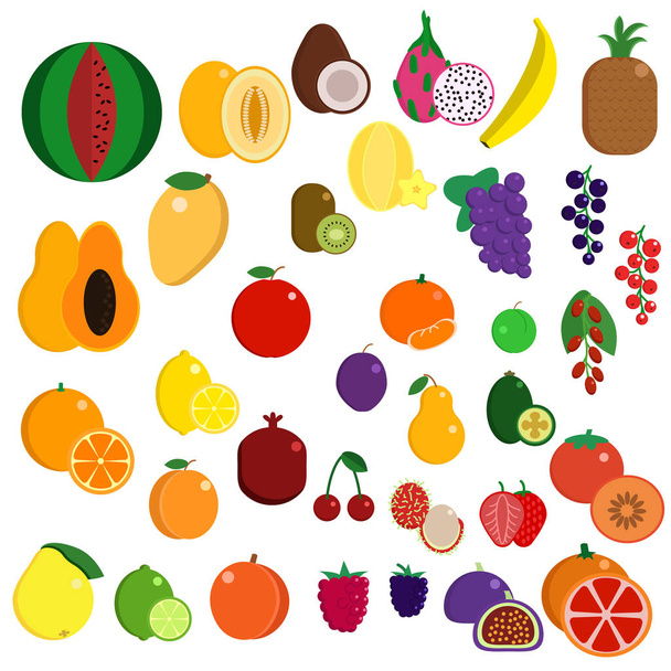 Tuore mehukas eksoottisia makeita hedelmiä elementtejä kokoelma, tasainen kuvakkeet asetettu, värikäs symbolit pakkaus sisältää appelsiini, kiivi hedelmät, banaani, vesimeloni, papaija mehu. Vektorikuvitus. Tasainen tyyli suunnittelu
 - Vektori, kuva