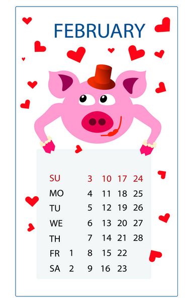 calendario para 2019 pigEastern Yea rValentine 's Day
 - Vector, imagen
