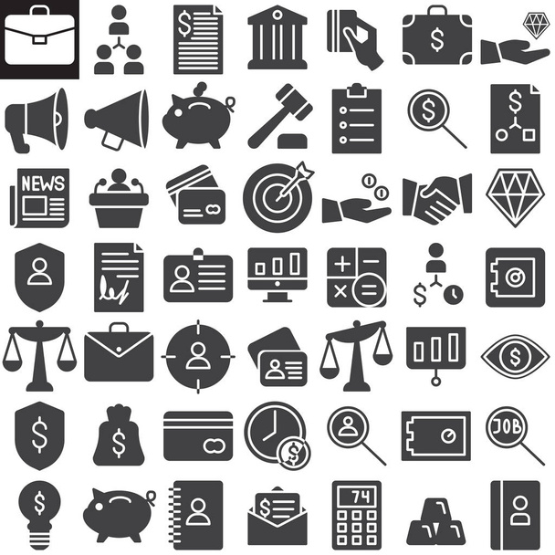 ビジネス金融ベクター アイコン セット、モダンな固体シンボル コレクション、いっぱい絵文字パック。看板、ロゴの図。Redit カード、スケール、プレゼンテーション、契約、ビジネス カードのアイコンがセットに含まれています - ベクター画像