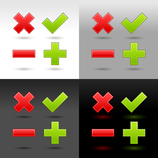 Iconos de validación de botón web liso satinado con sombra de gota y reflexión sobre fondo de cuatro colores. Esta ilustración vectorial creado y guardado en 8 eps
 - Vector, imagen