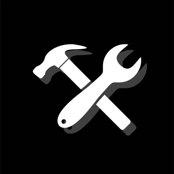 Crossed Wrench and Hammer. White flat simple icon with shadow - Vector, Image