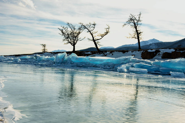 Puhdas sininen läpinäkyvä jää hummocks jäädytetyn järven talvella puiden kanssa
 - Valokuva, kuva