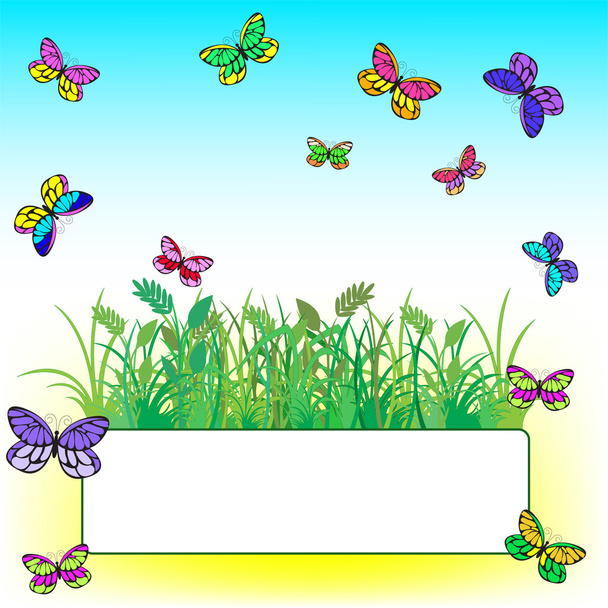 çim ve kelebekler kartı - Vektör, Görsel